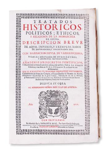 TRAVEL  FERNÁNDEZ DE NAVARRETE, DOMINGO.  Tratados Históricos, Políticos, Éthicos, y Religiosos de la Monarchía de China.  1676